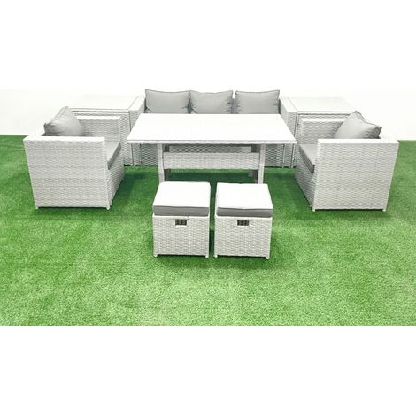 Fimous Gartenmöbel-Set aus Rattan mit Sofa Esstisch 2 Sesseln 2 kleine Fußhockern 2 Beistelltischen Hellgrau gemischt (1/5)