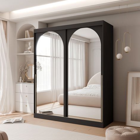 Armoire CLARITY - 7 compartiments - avec miroir - 200x65x215 cm - Noir / poignées dorées (1/5)