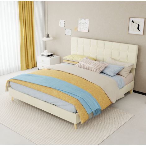 Cama doble moderna de terciopelo beige 160x200 cm con cabecero acolchado de cuadros y estructura estable