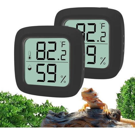 Lot de 2 thermomètres et hygromètres numériques pour reptiles avec écran LCD (température et humidité) pour dragons barbus et terrariums, Noir (1/4)