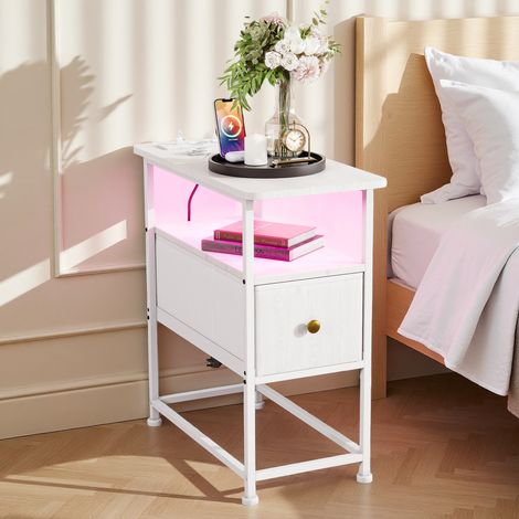 Table de Chevet avec USB et LED - 1 tiroir - Meuble de Chambre - Multifonction - MDF&Métal - Manche Couleurs Dorées - Blanc (1/5)