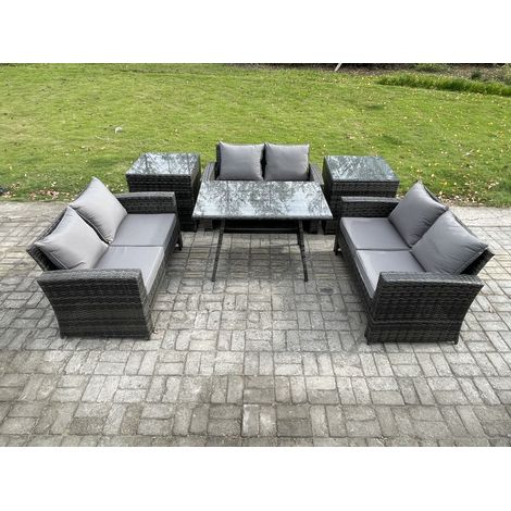 Fimous 6 PCS Garten Sofa im Freien Set Polyrattan Gartenmöbel Set mit Rechteckiger Esstisch Loveseat Sofa 2 Beistelltischen Dunkelgrau Gemischt (1/5)