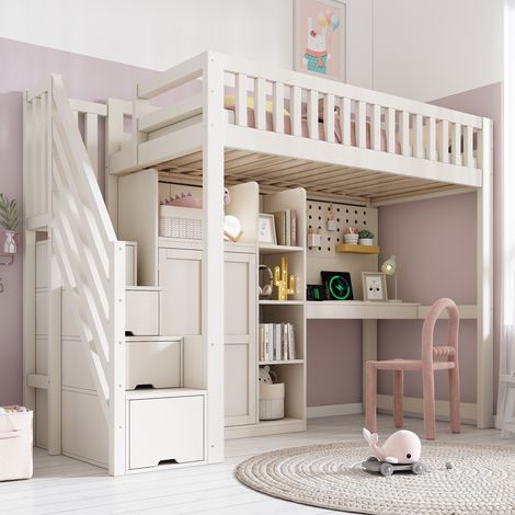 Lit mezzanine 90x200 cm, lit surélevé combiné avec bureau et armoire penderie, avec escalier de rangement et prises USB, Blanc (1/5)