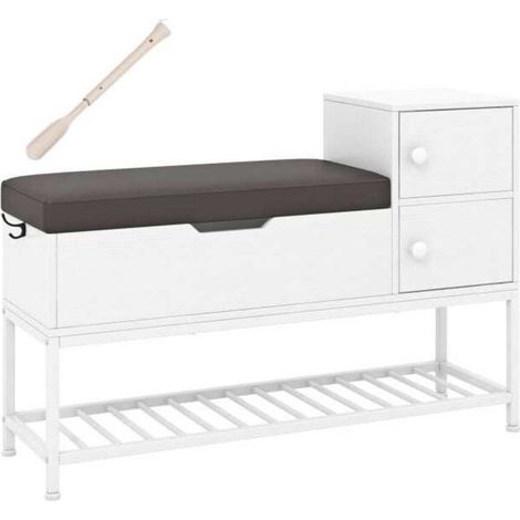 Organiser vos chaussures banc meuble d'entrée avec coffre de rangement 2 portes assise PVC et chausse-pied rétractable blanc (1/5)