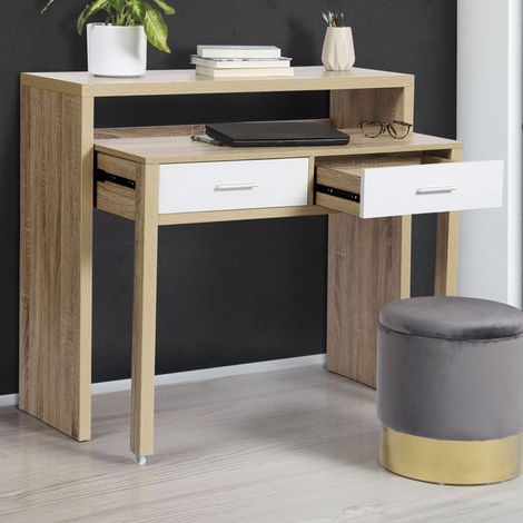 Escritorio extensible MAX en haya efecto madera y blanco (1/4)