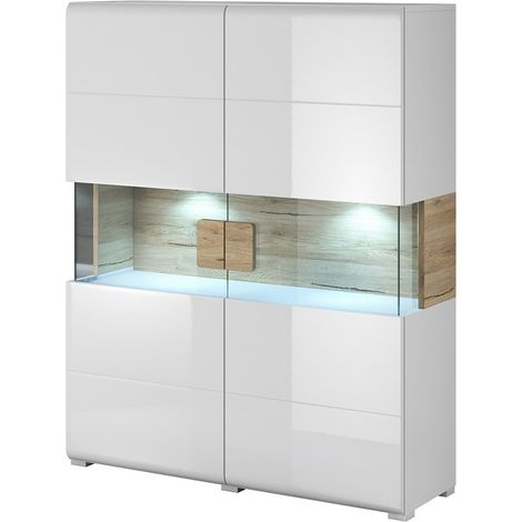 Vetrina a doppie porte collezione OHIO. Colore bianco e rovere. LED inclusi.