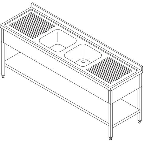 Table Lave-Vaisselle - 210 x 70 cm - avec 2 Éviers et Dosseret - Maxima