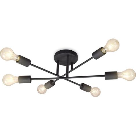 Plafonnier vintage 6 bras, Métal noir, 3 bras pivotants, Avec douille E27 pour 40 W max., 54x19cm (DxH), Lustres pour salon chambre à coucher, B.K.Licht (1/5)