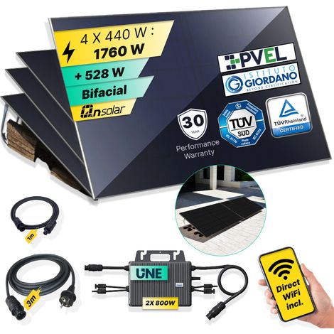 ROBINSUN®️ Kit Solar Enchufable Performance Flat 1.760Wp, 4 paneles QN 440Wp + 2 Microinversores 800W con Wifi incluído + Cable 3m + 4 Fijaciones 20º (1/5)