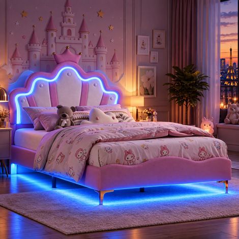JOOKGBD-Letto bambino imbottito 140x190 cm,letto matrimoniale,letto bambina,letto adolescente,testiera a corona principessa,LED regolabile,testiera regolabile in altezza,rete a doghe,PU,rosa (1/5)