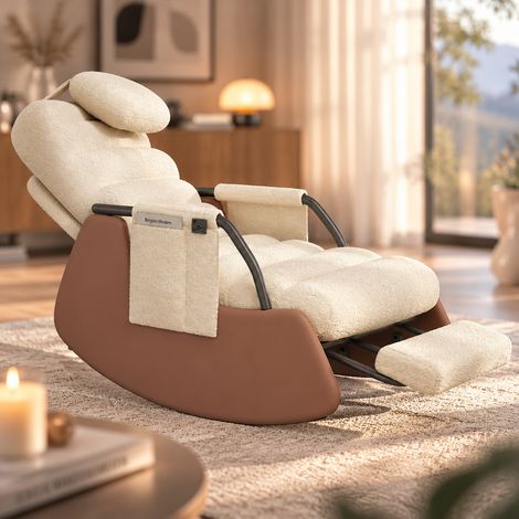 Rocking chair avec repose-pieds pliable et appui-tête, poche latérale du chair, dossier réglable 3 positions, Tissu Teddy, fauteuil à bascule de relaxation, beige (1/5)