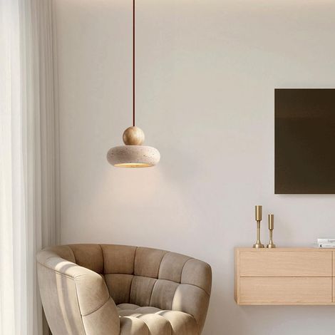 Lampada a sospensione a LED da 3000K in travertino giallo, regolabile, a basso consumo energetico, resistente e di facile installazione, ideale per interni moderni e industriali. (1/4)