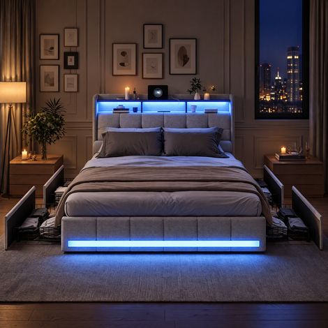 JOOKGBD-Lit Coffre 160x200 cm avec Port USB et LED,Lit Double Rembourré 160x200 cm avec Sommier et Rangement et Tête de lit,lit adolescent,tiroirs de rangement,pour Adulte Adolescent,Lin,Beige