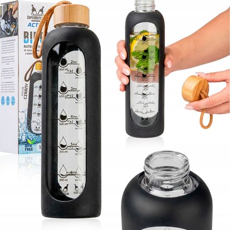 1000 ml Glaswasserflasche mit Silikonhülle (schwarz)