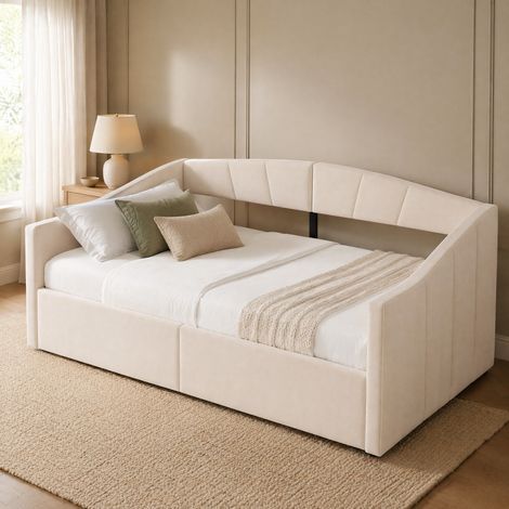 Sofá cama tapizado de terciopelo beige 90x200 cm con almacenaje hidráulico, somier de láminas, respaldo y brazos (1/5)