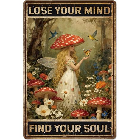 Plaque Murale Vintage en Métal « Chasseur de Champignons » (12x8pouces) – Décoration « Esprits et Âme » – Plantes de la Forêt – Femme – Décoration Murale pour la Maison la Chambre (1/5)
