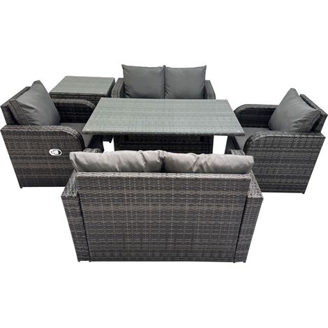 Fimous 6 Seat Outdoor Wicker PE Rattan Garden Furniture Set Dining Table Sofa Sets with Side Table Dark Grey Mixed (1/5)