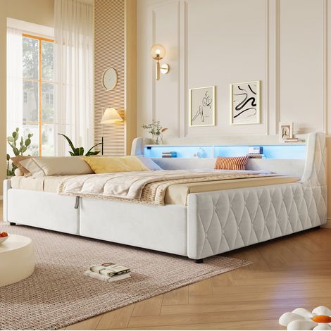 Lit plateforme 140x200 cm en velours beige avec rangement hydraulique et LED (1/5)