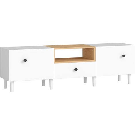 Mobile TV 70" Max con 2 Ante a Ribalta Cassetto e Scaffale Aperto 150x35x45 cm in Legno Bianco e color Legno (1/5)