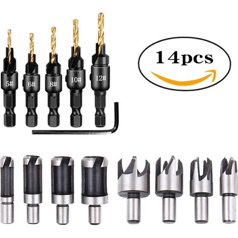 14 Pcs Fraise Metal Bois Kit,8 Pcs Meche a Bouchonner Bois,5 Pcs 1/4 Mèche à Bois pour Perceuse, Avec Clé Hexagone, pour Fraises Ensemble de Forets le Travail du Bois (1/5)