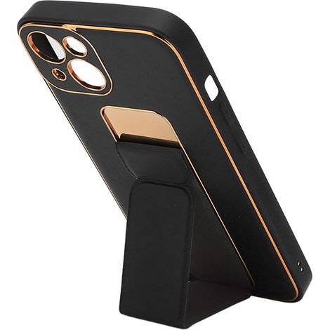 Étui de téléphone innovant avec cadre en métal et cuir, protection antichoc et dragonne pliable pour iPhone 13 (noir)