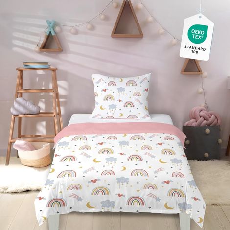 Housse de Couette 140x200 Enfant Fille Rose Arc-en-Ciel avec Taie d'oreiller 65x65cm Parure de Lit 1 Personne en Microfibre Multicolore 3D Motif Imprimé Etoile Lune Cadeau Garçon Fête (1/5)