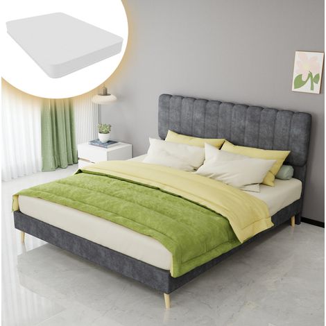 Cama tapizada moderna gris 160x200 cm con cabecero alto, base baja y colchón incluido