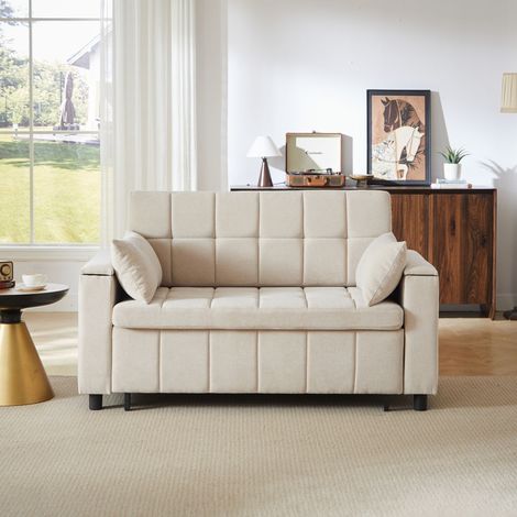 Canapé convertible 2 places 3 en 1 148,6x81,3x86,4cm,canapé-lit, accoudoirs avec rangement,poches latérales,chenille beige (1/5)