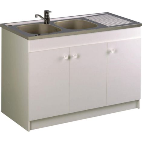 Aquarine – Meuble sous évier 3 portes en mélaminé blanc L120cm – Résistant à l'humidité – Pour rangement sous évier en cuisine ou buanderie