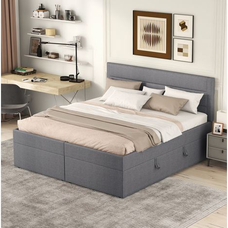 Cama con espacio de almacenamiento tapizada en lino gris 140x200 cm, estructura de madera maciza y MDF, somier elevable incluido (1/5)