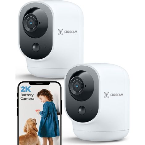 COCOCAM Lot de 2 Caméras Surveillance WiFi Intérieures 2K, Batterie 5200mAh, Rotation Pan/Tilt, IA PIR, Babyphone Bébé, Animaux, Maison (1/5)