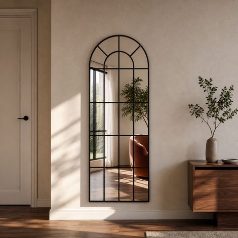 LunaMirror Aster Fensterspiegel 165 x 60 cm, Bogenform mit dekorativer Fenstersprossen-Optik, Schwarz (1/5)