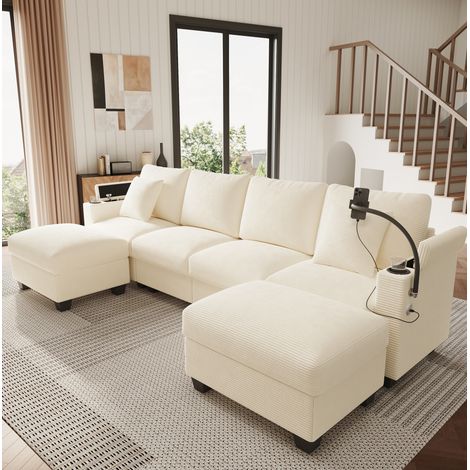 Sofa aus Cord in Beige, 275,5 cm, modular mit USB/USB-C, Handyhalter, U-Form oder Schlafsofa (1/5)
