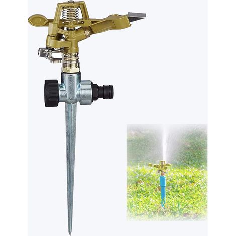 Tête d'arroseur de jardin, arroseur de pelouse robuste à impact, réglage rotatif à 360 degrés avec broche, arroseur d'eau en métal pour cour, pelouse dorée (1/5)