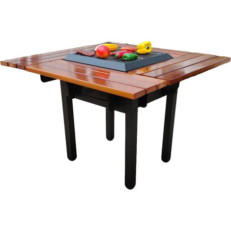 Mesa barbacoa con grill y tablero de madera