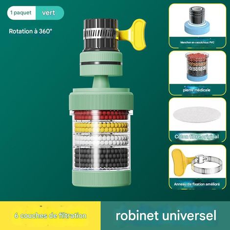 Filtre universel pour robinet - Filtration 8 couches - Anti-éclaboussures - 2 vert + 1 boîte de coton filtrant (1/5)