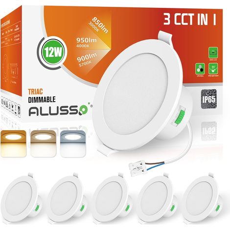 Spot LED Encastrable,12W Spot Led Dimmable 230V IP65, 3000K 4000K 5700K Réglables, Diamètre 113 mm,Diamètre du Trou Φ90-105mm，Éclairage de Plafond Pour Salle de Bain Salon, Lot de 6,Blanc (1/5)