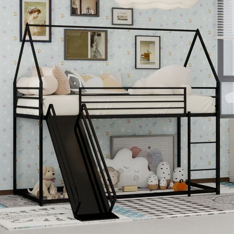 Lit mezzanine - lit 90x190 cm - lit cabane  - toboggan et échelle– structure fer robuste - Noir - sans matelas (1/5)