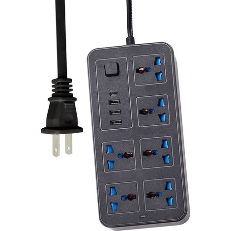 Multiprise Électrique 6 Prises AC, 3 Ports USB, 1 Port USB-C, 1.8m Cordon, Noir Frosted, ABS, Bouton ON/OFF, Indicateur Lumineux (1/5)