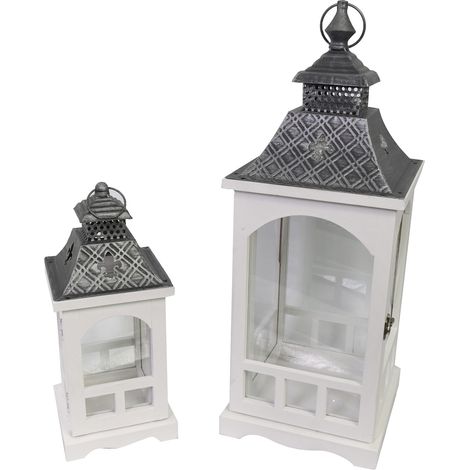 Set 2 Lanterne in Legno in Metallo bianco argento quadro