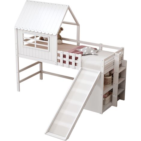 Letto a soppalco per bambini 90x200 cm in legno e MDF bianco con scivolo - CHICFURN (1/5)