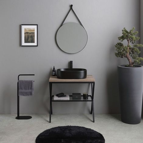 Mueble De Baño De Suelo 80Cm Con Lavabo Y Espejo Redondo  Manchester (1/4)