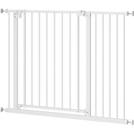 WOLTU Barrière de Sécurité en Métal, pour Enfant, Chien, Fermeture Automatique, Largeur de 75-107cm, Double Loquet, Blanc (1/5)