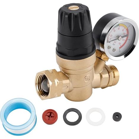 Water Pressure Regulator for Motorhome, Caravan, Adjustable Brass Pressure Regulator with Pressure Gauge and Filter 0-160 PSI 3/4" Connection, Lead Free, with Teflon Strip and Replacement Filter Ideal (1/5)