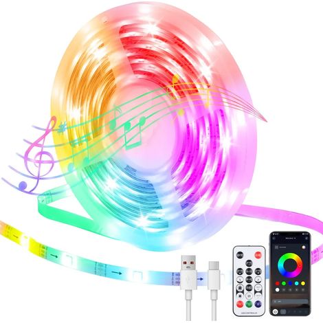 Bande LED RGB de 5 m avec détecteur de mouvement, contrôle par application, synchronisation musicale, intensité lumineuse réglable, bande lumineuse USB avec télécommande (1/5)