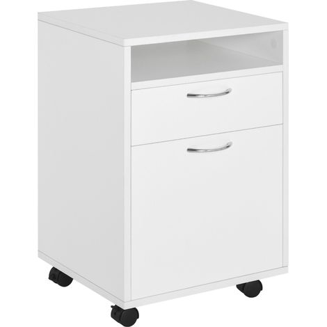 60cm Filing Cabinet with Drawer, Open Shelf, Metal Handles and 4 Wheels, Office Home Organiser Mobile Printer, White