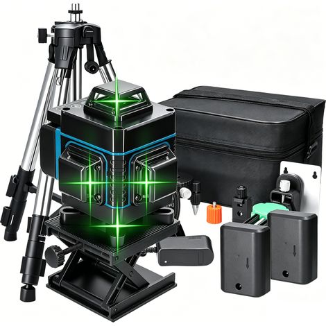 KKmoon Niveau Laser 4D 16 Lignes Autonivelant 3°, Batterie Lithium Rechargeable USB, Tige Alliage 1.2m 3 Hauteurs, Outil De Nivellement Mur Sol, Livraison Rapide Depuis La France (1/5)