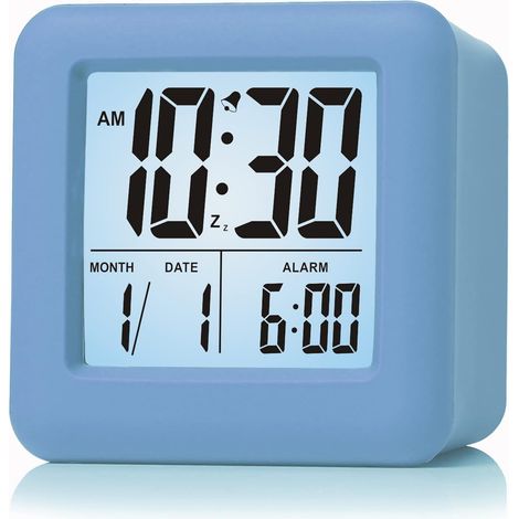 Facile à régler Réveil de Voyage Numérique Fonction Snooze, Veilleuse Doux, Large écran Afficheur Temps et Mois et Date et Alarme, Alarme Sonore Progressive et Taille Maniable (Bleu Clair) (1/5)