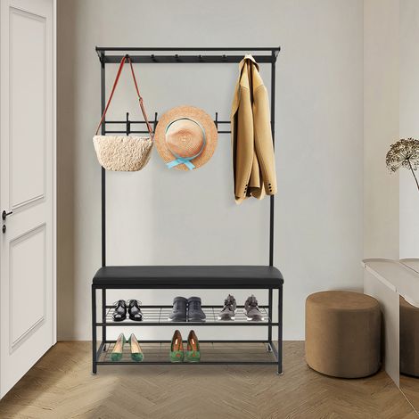 Porte-vêtements avec crochets, porte-vêtements métallique 100 kg, porte-manteau avec banc et 5 crochets amovibles, armoire de chambre avec étagère à chaussures, noir, 100 x 33 x 170 cm (1/5)