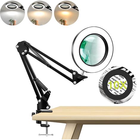 Lampe loupe JeiibrZui avec éclairage et pince - Grossissement x10 - Lentille en verre de 11 cm - 3 modes de couleur réglables - Noir - Idéale pour la couture, l'électronique et la lecture (1/5)